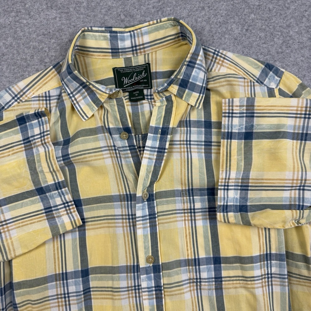 Vintage Y2K Woolrich Short Sleeve Shirt Men's Medium Yellow Blue Plaid Nice Fade